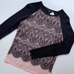 NWT Katherine Barclay Layered Lace Chiffon Long Sleeve Top Black Nude Pink S